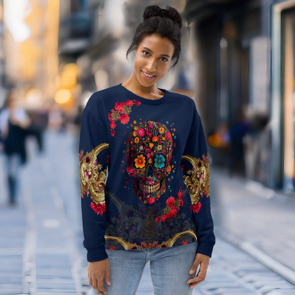 Vibrant Dia de los Muertos Sweatshirt with sugar skull motif from Cosmovisions' Dia de los Muertos collection